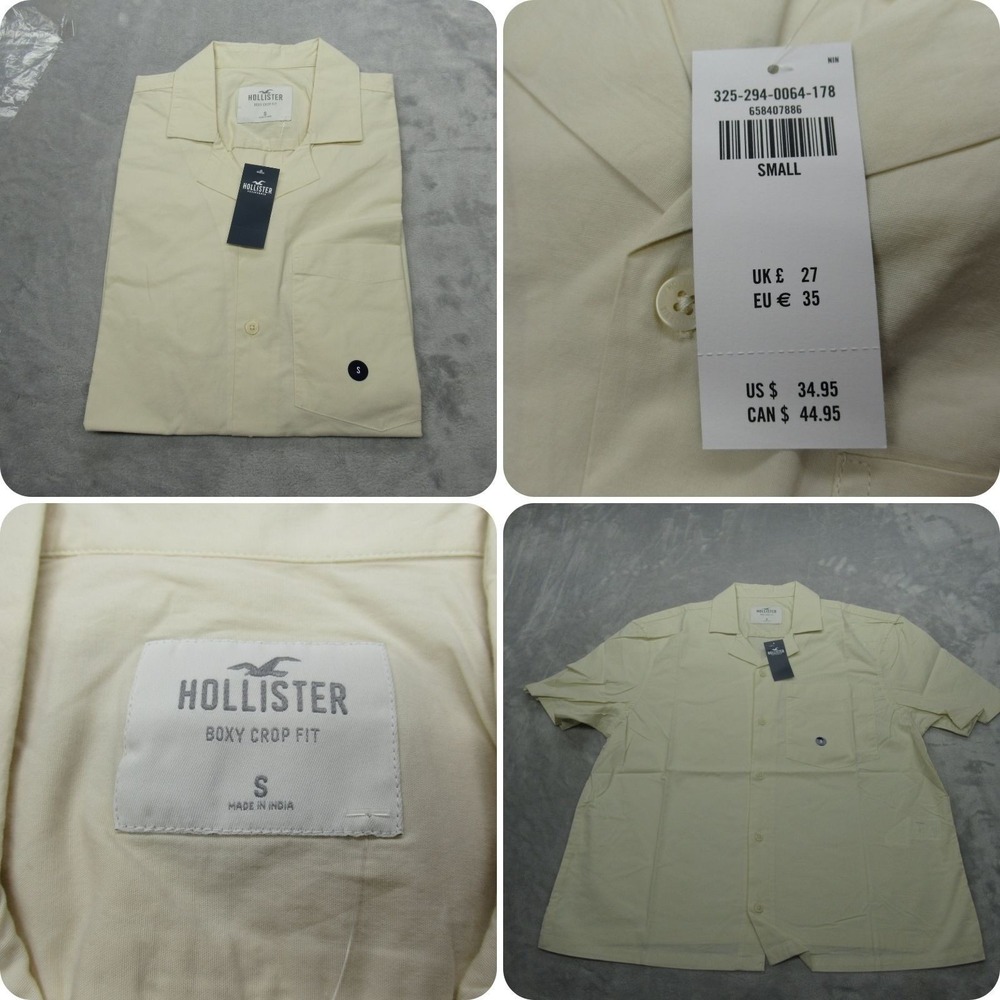 Hollister Boxy Crop Shirt Women Small Cream Pocket Button Up Short Sleeve NEW